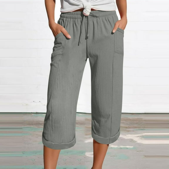 HongQid Womens Casual Capri Pants Elastic Waist Drawstring Solid Color 3/4 Wide Leg Summer Trousers with Pockets