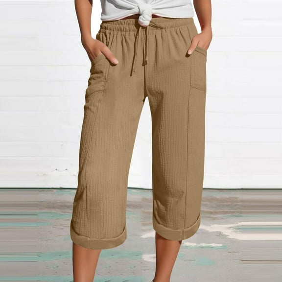 HongQid Womens Casual Capri Pants Elastic Waist Drawstring Solid Color 3/4 Wide Leg Summer Trousers with Pockets