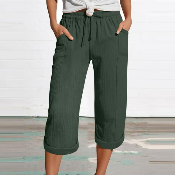 HongQid Womens Casual Capri Pants Elastic Waist Drawstring Solid Color 3/4 Wide Leg Summer Trousers with Pockets