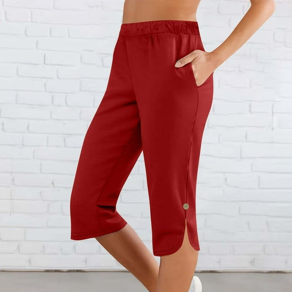 HongQid Womens Casual Capri Pants Elastic Waist Slit Hem Solid Color 3/4 Wide Leg Summer Trousers with Pockets