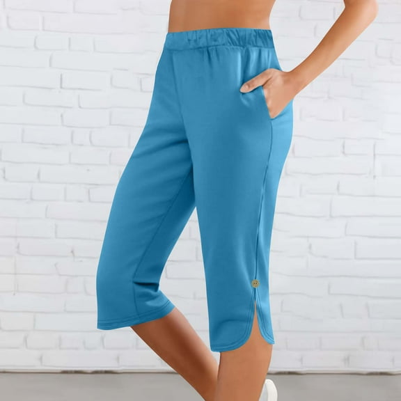 HongQid Womens Casual Capri Pants Elastic Waist Slit Hem Solid Color 3/4 Wide Leg Summer Trousers with Pockets