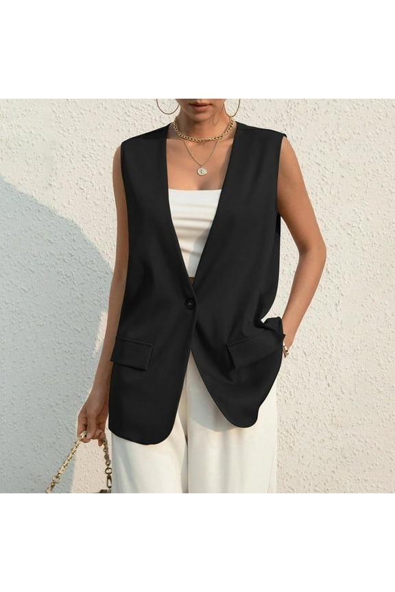 Womens Casual Vest Sleeveless Blazer Button Front Jacket Office Fully Lined V Neck Long Blazers with Pockets