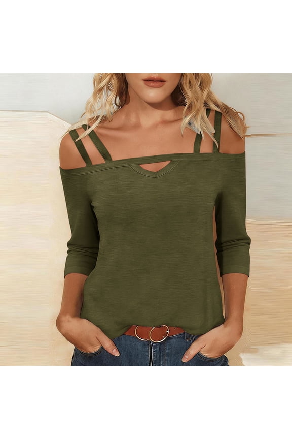 Womens Cold Shoulder Tops Ladies Cutout Strap Detail for Women 3/4 Sleeve Loose Fit Casual Blouses