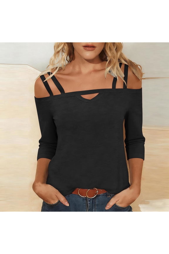 Womens Cold Shoulder Tops Ladies Cutout Strap Detail for Women 3/4 Sleeve Loose Fit Casual Blouses