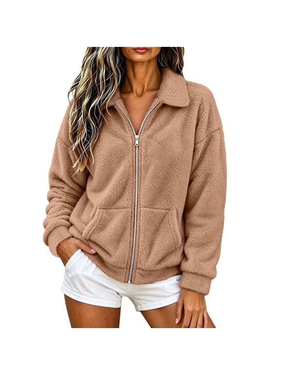 Womens Collared Full Zip Fleece Jacket Tan Fuzzy Sherpa Jacket with Pockets Long Sleeve Casual Outerwear Warm Soft Teddy Jacket for Fall Winter Outerwear for Women