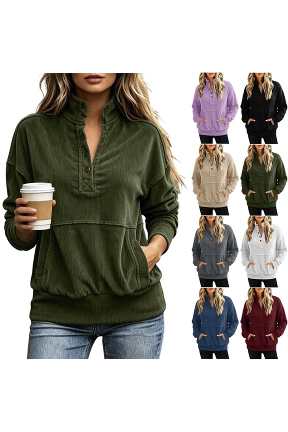 Womens Corduroy Sweatshirt Stand Quarter Snap Collar Long Sleeve Loose Side Pocket Ribbed Hem Henley Pullover Tops for Women