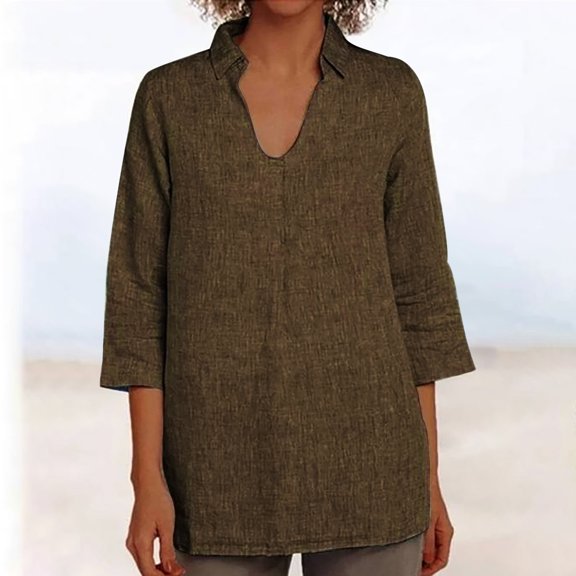 HongQid Womens Cotton Shirts Long Sleeve V Neck Collared Tops Casual Shirt 2025