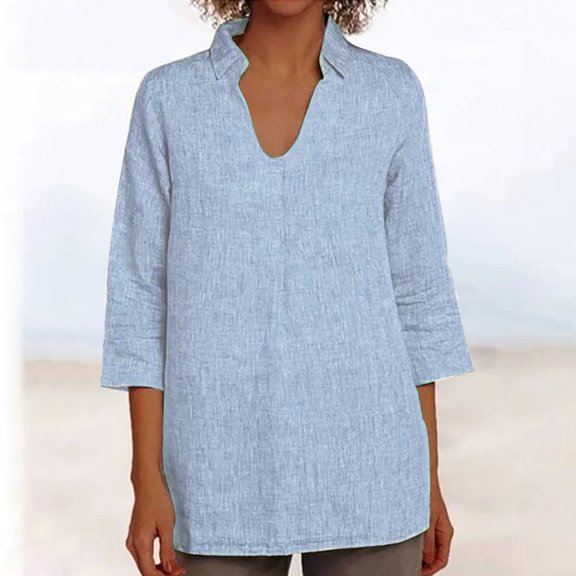 HongQid Womens Cotton Shirts Long Sleeve V Neck Collared Tops Casual Shirt 2025