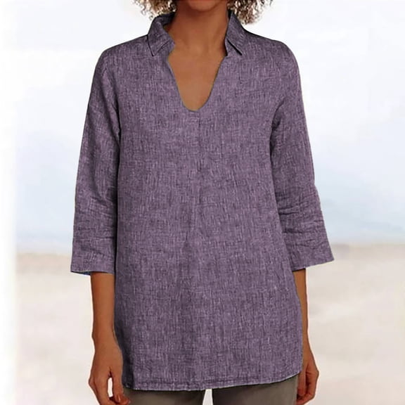 HongQid Womens Cotton Shirts Long Sleeve V Neck Collared Tops Casual Shirt 2025