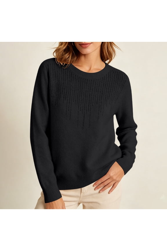 Womens Crew Neck Knitted Rhinestone Embellished Knit Sweater Soft Plush Warm Long Sleeve Base Layer Fall Winter Casual Pullover Top
