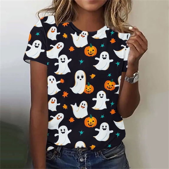 Yanchicy Womens Crew Neck T Shirt Seasonal Halloween Graphic Short Sleeve Printed Casual Tops Ladies Fashion Clothes Autumn Holiday Everyday Outfits