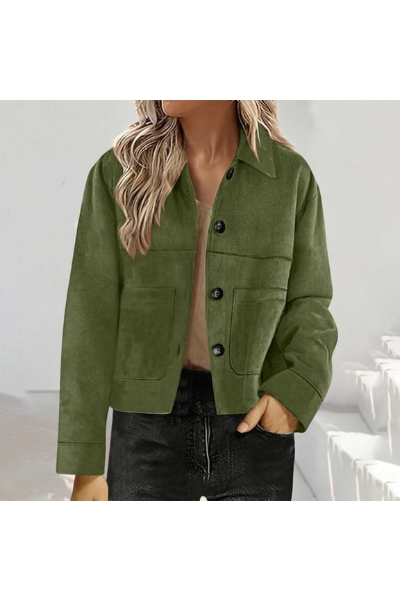 Womens Cropped Jacket Contrast Collar Utility Coat Cargo Jacket Lapel Button Down Faux Suede Outwear with Pockets