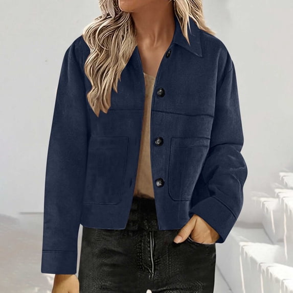 HongQid Womens Cropped Jacket Contrast Collar Utility Coat Cargo Jacket Lapel Button Down Faux Suede Outwear with Pockets