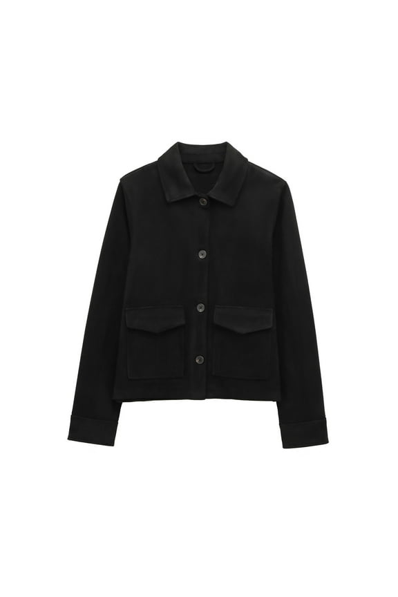 Womens Cropped Jacket Contrast Collar Utility Coat Cargo Jacket Lapel Button Down Outwear with Pockets