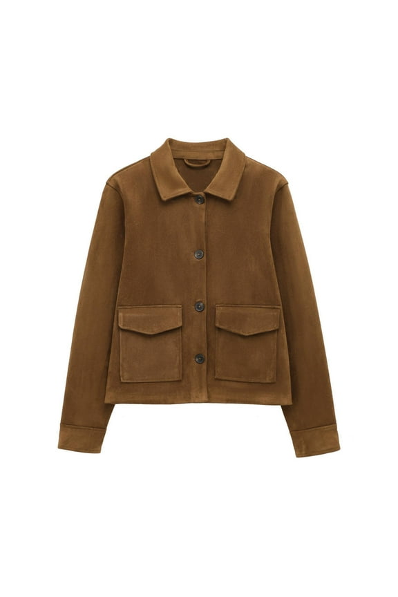 Womens Cropped Jacket Contrast Collar Utility Coat Cargo Jacket Lapel Button Down Outwear with Pockets