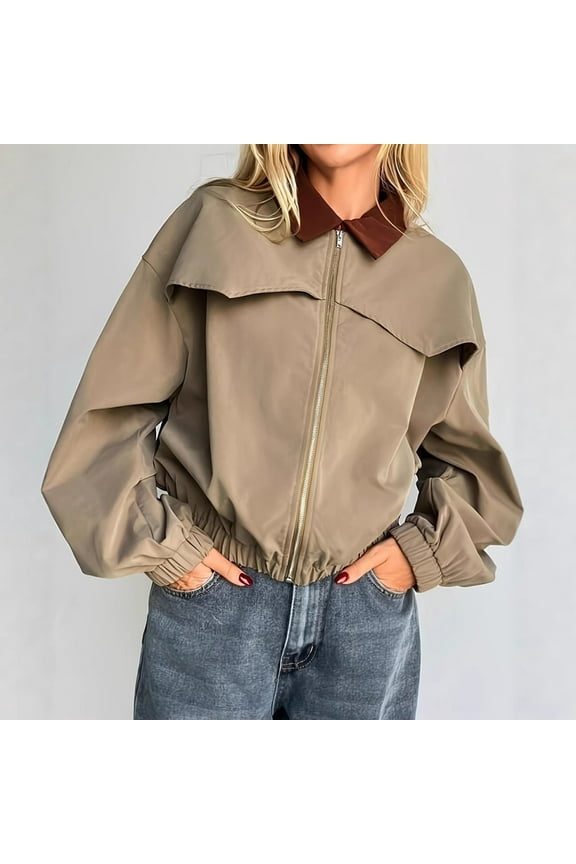 Womens Cropped Jacket Zip Up Lapel Lightweight Oversized Utility Anorak Coat with Pockets