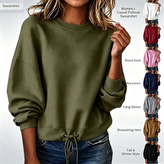 HongQid Womens Cropped Sweatshirt Crew Neck Adjustable Drawstring Hem Long Sleeve Soft Short Cut Fall Clothes Ladies Trendy Casual Pullover Top
