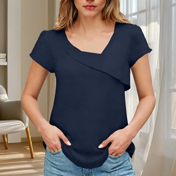 HongQid Womens Dressy Casual Blouses Asymmetrical V Neck Business Work Tops Ruffle Sleeve Summer Shirts