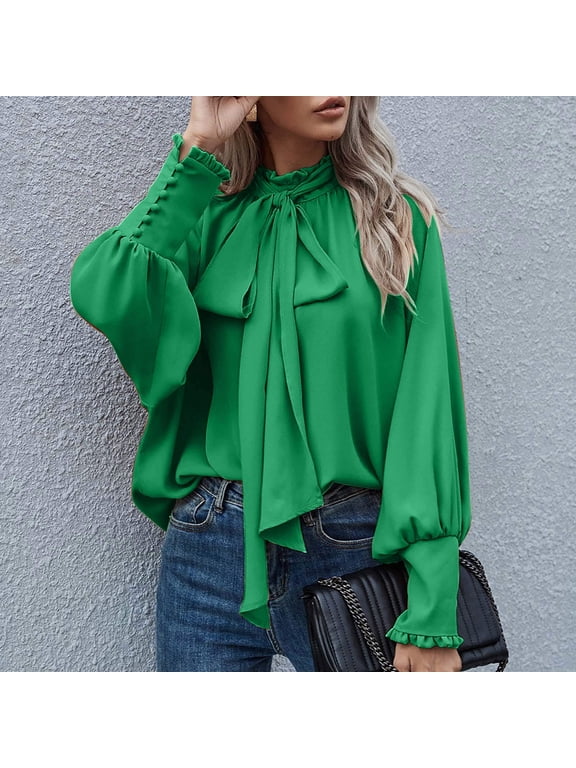 Womens Dressy Chiffon Blouse Business Work Casual Tie Neck Shirt Tops