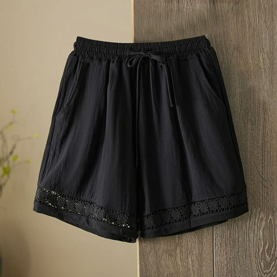 HongQid Womens Elastic Waist Drawstring Shorts Summer Lightweight Beach Shorts Comfy Casual Linen Hollowed Out Shorts with Pockets