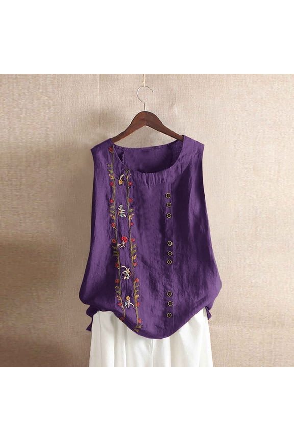 Womens Embroidered Sleeveless Tops Casual Summer Boho Tank Top Loose Fit Floral Blouses