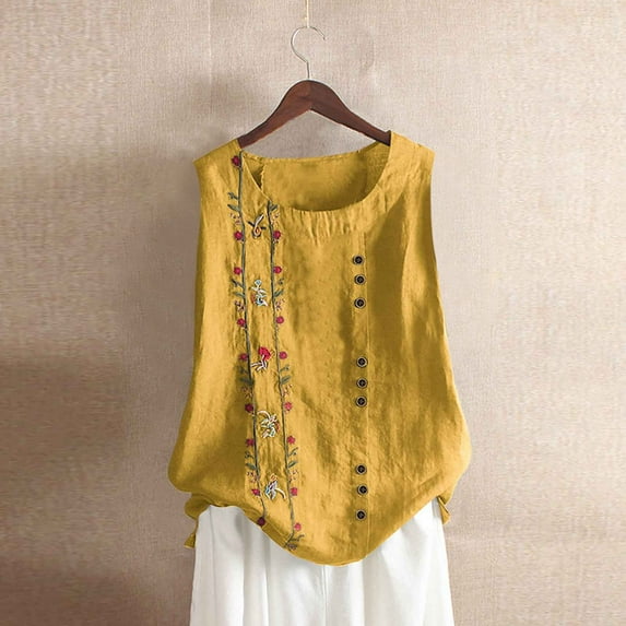 HongQid Womens Embroidered Sleeveless Tops Casual Summer Boho Tank Top Loose Fit Floral Blouses