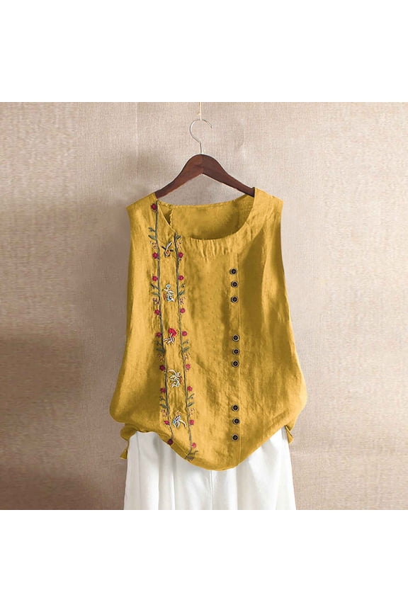 Womens Embroidered Sleeveless Tops Casual Summer Boho Tank Top Loose Fit Floral Blouses