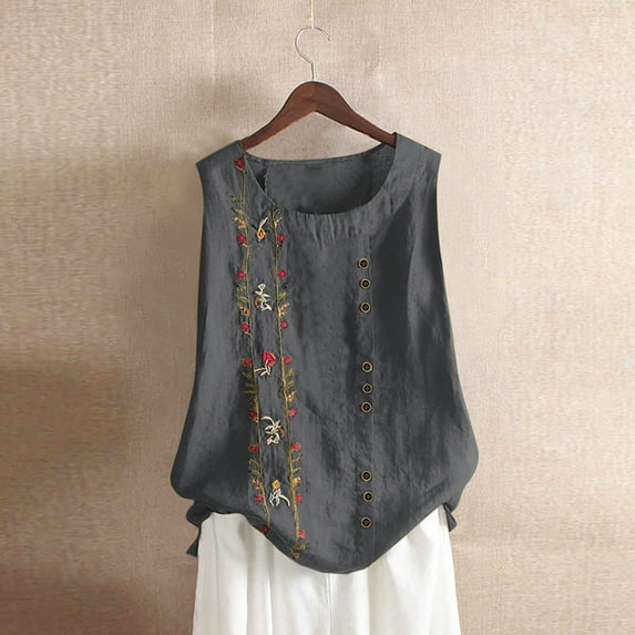 HongQid Womens Embroidered Sleeveless Tops Casual Summer Boho Tank Top Loose Fit Floral Blouses