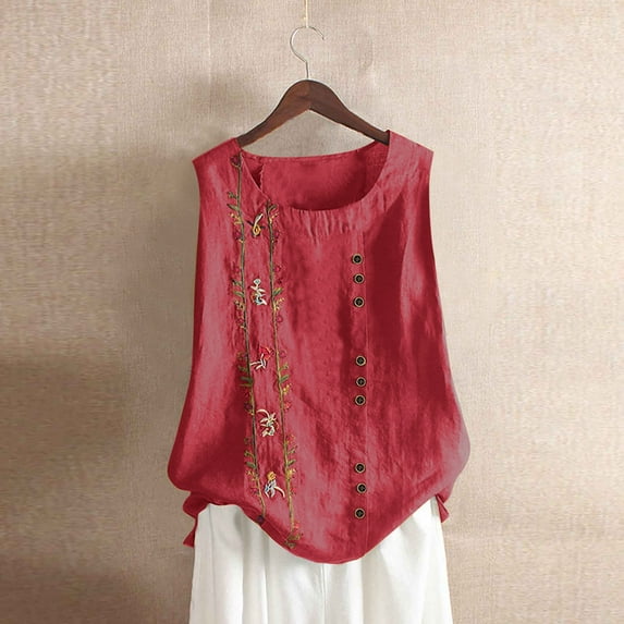 HongQid Womens Embroidered Sleeveless Tops Casual Summer Boho Tank Top Loose Fit Floral Blouses