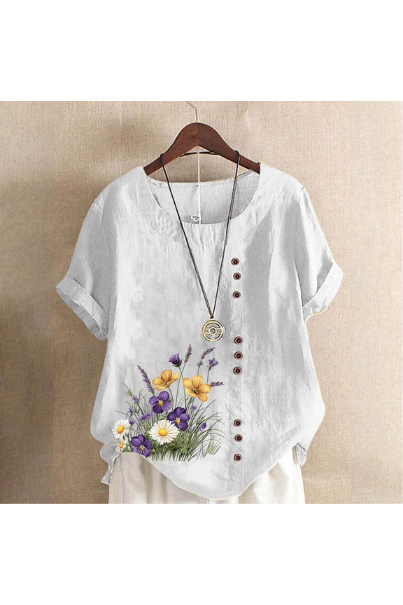 Womens Embroidered Tops Casual Summer Boho T Shirts Loose Fit Short Sleeve Floral Linen Blouses