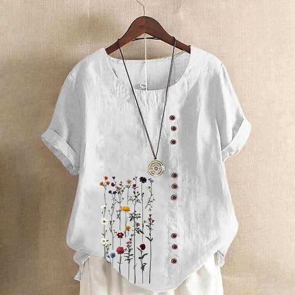 HongQid Womens Embroidered Tops Casual Summer Boho T Shirts Loose Fit Short Sleeve Linen Floral Blouses