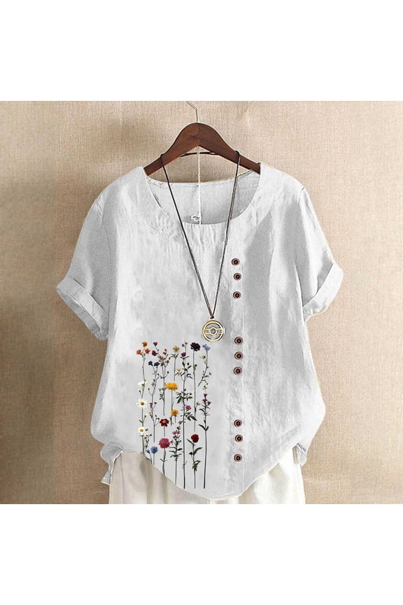 Womens Embroidered Tops Casual Summer Boho T Shirts Loose Fit Short Sleeve Linen Floral Blouses