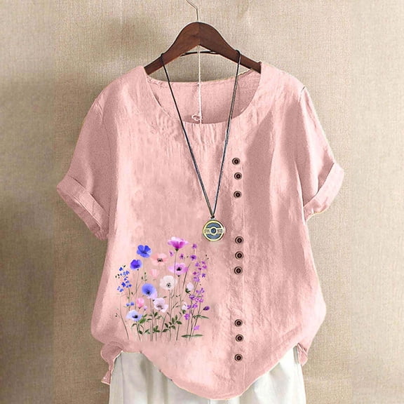 HongQid Womens Embroidered Tops Casual Summer Boho T Shirts Loose Fit Short Sleeve Linen Floral Blouses
