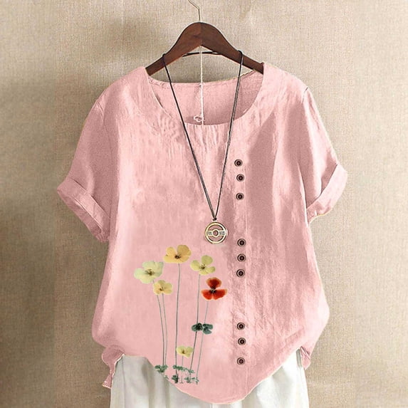HongQid Womens Embroidered Tops Casual Summer Boho T Shirts Loose Fit Short Sleeve Linen Floral Blouses