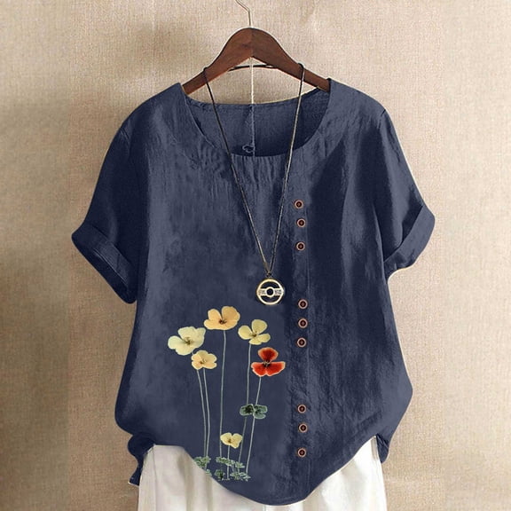 HongQid Womens Embroidered Tops Casual Summer Boho T Shirts Loose Fit Short Sleeve Linen Floral Blouses