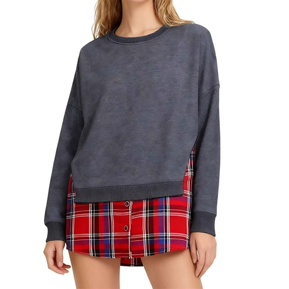 HongQid Womens Fall Crewneck Sweatshirt Cozy Long Sleeve Pullover Dropped Shoulders Trendy Splicing Fake Two Pieces Pullover