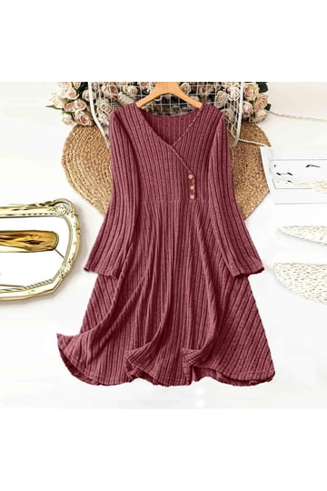 walmart knit dresses FchengtaiS Womens Fall Ribbed Knit Dress Long Sleeve Crew Neck Mini Dress Soft Flowy A Line Swing Dresses with Pocket Casual Trendy Sweater Dress,