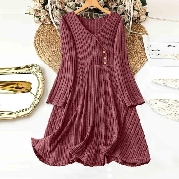 HongQid Womens Fall Long Sleeve Ribbed Knit Dresses Casual V Neck Knee Length Button Down Winter Sweater Dress Trendy