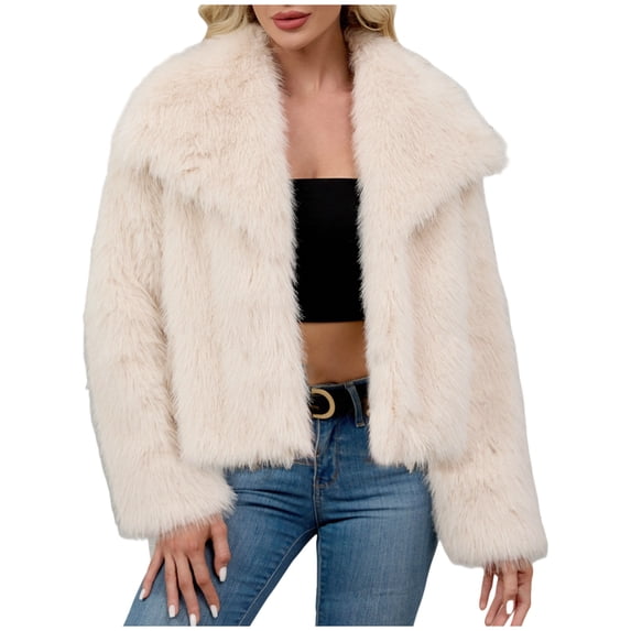 HongQid Womens Faux Fur Coat Lapel Open Front Fluffy Shaggy Jacket Winter Warm Furry Cropped Overcoat