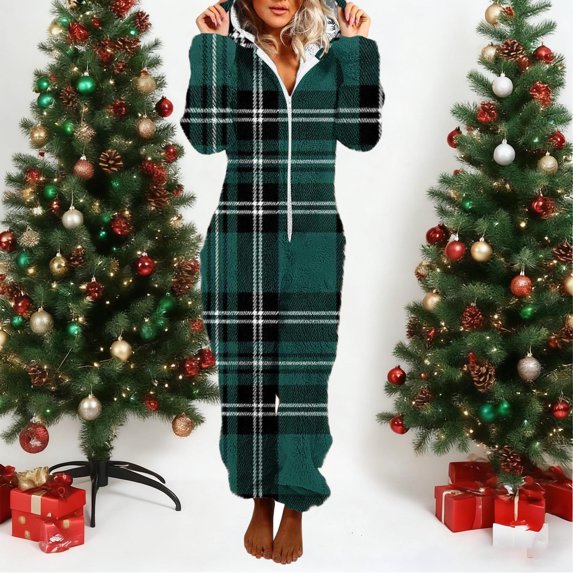 HongQid Womens Fleece Onesies Pajamas Jumpsuit Warm Sherpa Romper Sleepwear Plaid Print One Piece Zipper Hooded Playsuit Loungewear