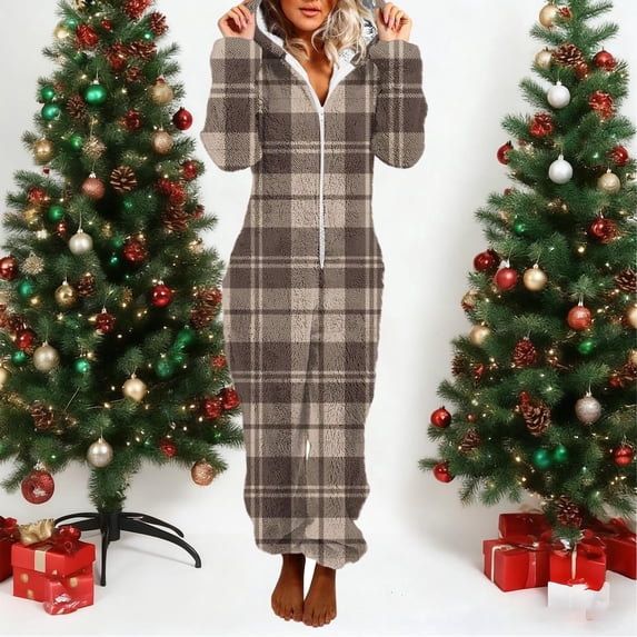 HongQid Womens Fleece Onesies Pajamas Jumpsuit Warm Sherpa Romper Sleepwear Plaid Print One Piece Zipper Hooded Playsuit Loungewear