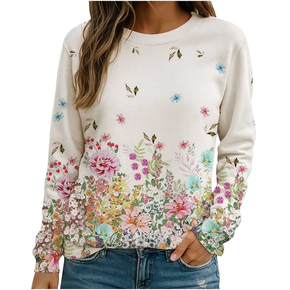 HongQid Womens Floral Printed Crewneck Long Sleeve Casual Sweatshirt Pullover Tops