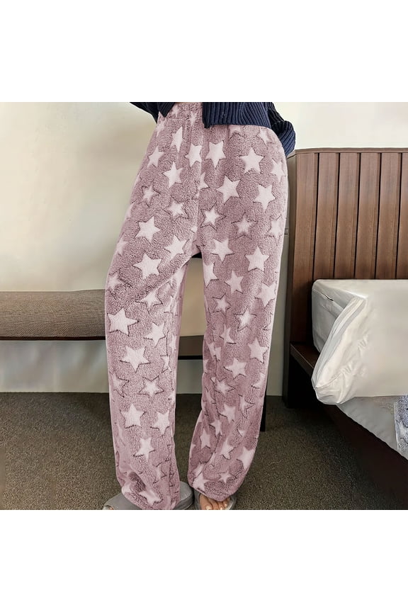Womens Fluffy Pajama Pants Fuzzy Fleece Cozy Lounge Pants Winter Warm Pj Bottoms Star Graphic