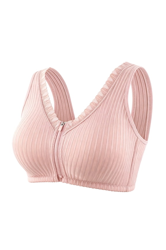 Womens Front Zip Ribbed Wireless Bra V Neck Wide Ruffle Strap Seamless Stretch All Day Comfort Daily Support Everyday Bras