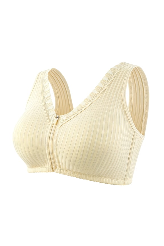Womens Front Zip Ribbed Wireless Bra V Neck Wide Ruffle Strap Seamless Stretch All Day Comfort Daily Support Everyday Bras