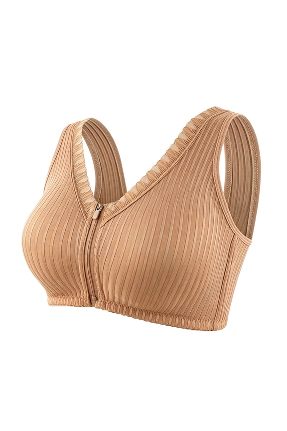 Womens Front Zip Ribbed Wireless Bra V Neck Wide Ruffle Strap Seamless Stretch All Day Comfort Daily Support Everyday Bras