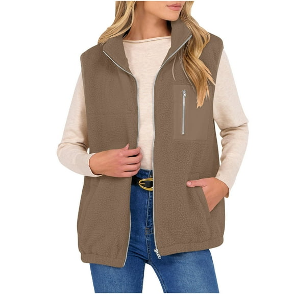 HongQid Womens Fuzzy Fleece Vest, Casual Warm Sleeveless Zip Up Sherpa Vest Jacket with Pockets for Fall/Winter