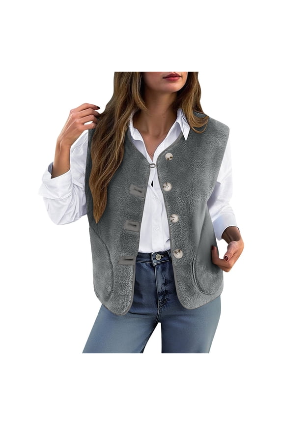 Womens Fuzzy Fleece Vest Sleeveless Button Down Fall Sherpa Jacket Winter Warm Old Money Outerwear with Pockets