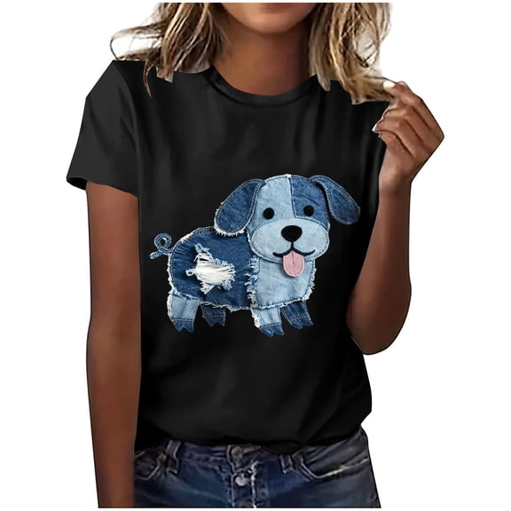 HongQid Womens Graphic T-Shirts Cute Animals Print Casual Tee Tops Summer Round Neck Casual Blouses