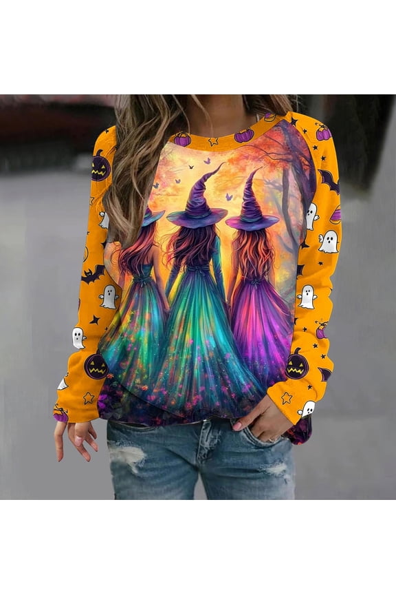 HongQid Womens Halloween Crew Neck Long Sleeve Printed Top Casual Tunic Shirt Ladies Trendy Holiday Party Outfit Comfort Blouse for Spring Fall Transitional Daily Wear